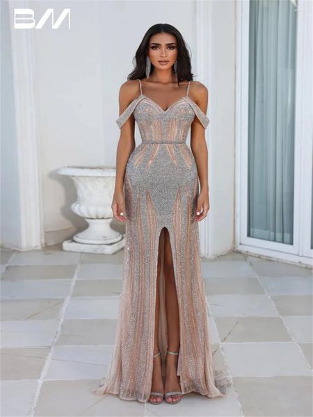 Partykleider Sexy Kaltschulter-Cocktailkleid mit hohem Schlitz, glitzernde Pailletten, tiefer V-Ausschnitt, Heimkehrkleid, Illusion, Vestidos de Novia