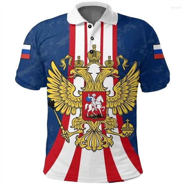 Polo da uomo Bandiera della Russia Mappa Stampa 3D Polo per uomo Abbigliamento Camicia con emblema nazionale russo Maglia sportiva Casual Ragazzo con risvolto Top