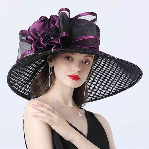 Donna 16 cm tesa larga fiore maglia cappello da sole Lady Bow Summer Beach Chiesa Derby Dress Fascinator festa nuziale matrimonio 210608302A