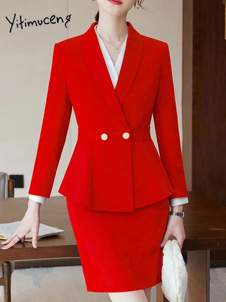 Yitimuceng vermelho 2 peça define escritório wear feminino único botão fino turn down collar blazers elegante clássico mini saia ternos 240226