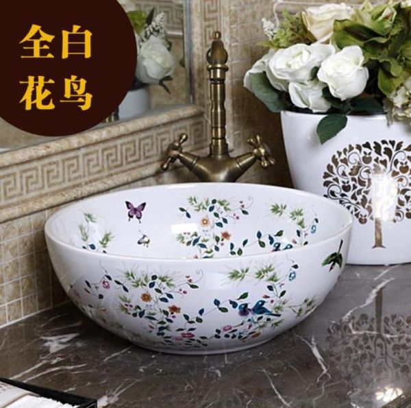 Porcelana China Pintura Clássica Arte BirdsFlowers Bancada Branca Pia de Banheiro de Cerâmica jingdezhen bacia de cerâmica 1197523