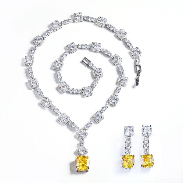 Super glänzendes großes quadratisches gelbes Zirkonia-Stein, Hochzeit, Braut-Halskette, Ohrringe, Party, Kostümschmuck-Sets für Frauen T0726 240228