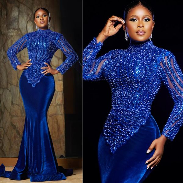 Африканская Нигерия Платья для выпускного вечера больших размеров Королевские синие вечерние платья для чернокожих женщин Бархатные платья русалки с высоким вырезом Вечерние платья для особых случаев Обручальное платье AM468