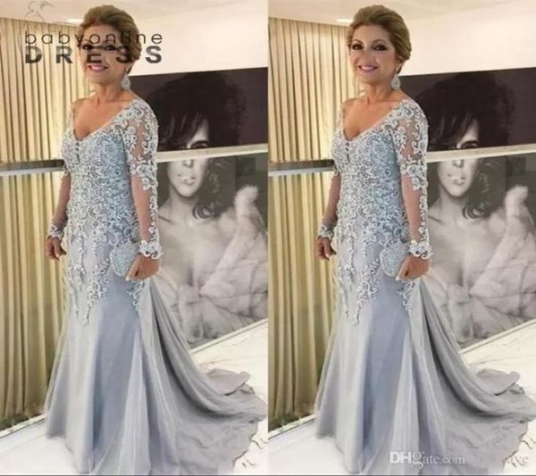 Sirena grigio argento Taglie forti Abito per la madre della sposa Scollo a V maniche lunghe Applicazioni in pizzo Perline in tulle Sweep Train Party Evening G2850934