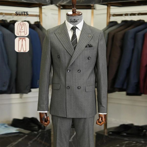 Abiti da lavoro su misura Abiti da uomo Abiti da ballo formali a righe bianche Pantaloni da giacca grigi 2 pezzi Set Smoking da sposo personalizzati Abito slim fit