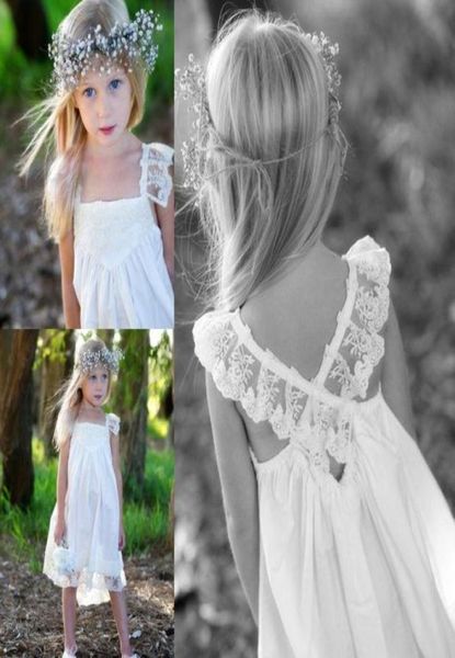 2017 Boho Beach Country Flower Girls Abiti per matrimoni Economici piazza pizzo incrociato indietro al ginocchio abito casual su misura 3223420