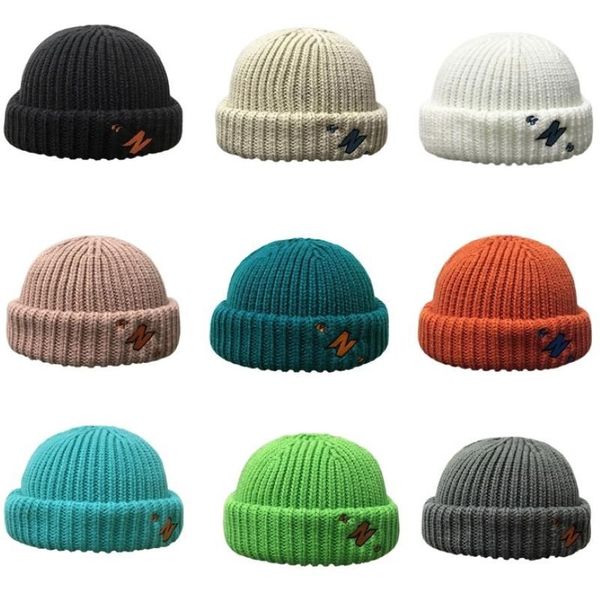 Donna Uomo Inverno Caldo Beanie lavorato a maglia Cappello Neon Colore della caramella Lettera Ricamo con risvolto Senza tesa Hip Hop Vintage Padrone di casa Docker Skul252z