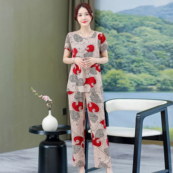 Shirts Sommer Elegante Hose Sets für Frauen Blusen 2023 Neue Vintage Print 2 Stück Sets Frauen Outfit Casual Koreanischen Stil sommer Kleidung