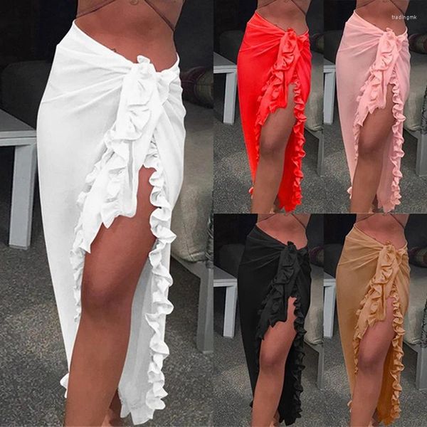 Kadın Mayo Kadın Şifon See-Through Plaj Bikini Örtün Sarbu Eşarp Pareo Sarong Elbise Katı Fırfır Gündelik
