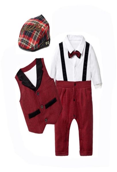 Conjuntos de roupas para meninos recém-nascidos, roupa formal bonita para festa de aniversário, tirar foto, macacão, colete, chapéu com laço 8629915