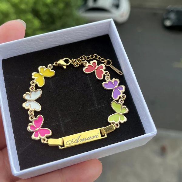 Duoying pulseira de placa de identificação personalizada, corrente de borboleta, esmalte colorido, pulseiras para crianças, joias, presente 240301