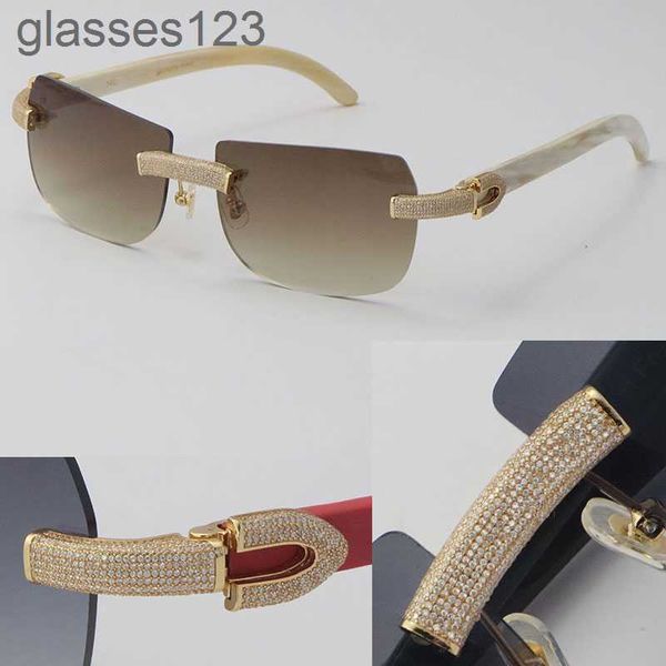 20242022 Neues Modell, Mikropavé-Diamant-Sonnenbrille, originales schwarzes Büffelhorn, randlos, echte natürliche Sonnenbrille, 18 Karat Gold, C-Dekoration, männlich-weibliche Brille, UV