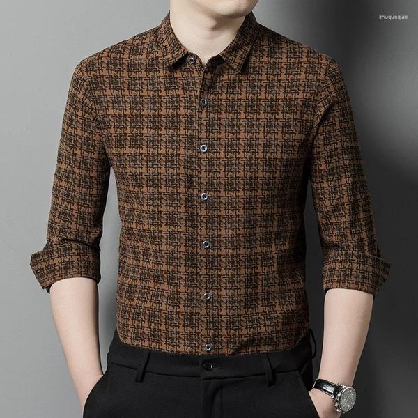 Männer Casual Hemden Seide Premium Für Männer Langarm Plaid Bankett Herbst Qualität Weiche Bequeme Pflegeleicht Luxus Chemise homme