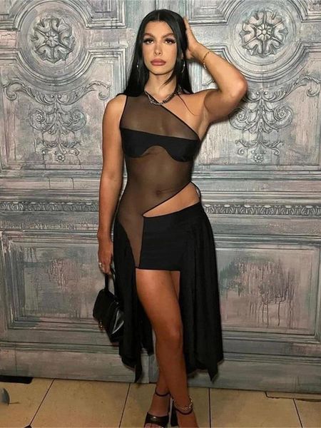 Casual Kleider Weird Puss Sexy Kleid Frauen Unregelmäßige Mesh Patchwork Eine Schulter Hohl Quaste 2024 Sommer Enge Geburtstag Club Party bodycon