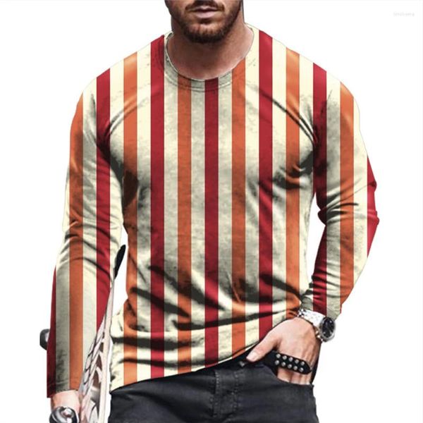 T-shirt da uomo Primavera Autunno Stampato Stripe Manica lunga T-shirt O-Collo Casual Muscle Pullover Tees Top Abbigliamento maschile Canottiera