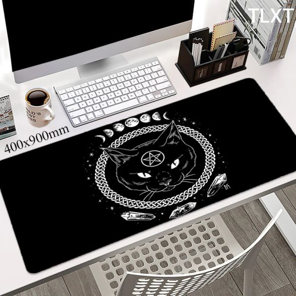 Almofadas gato mouse pad bruxas lua tarô preto deskpad mesa tapete grande arte mousepad tapetes de escritório xxl computador mausepad 80x30