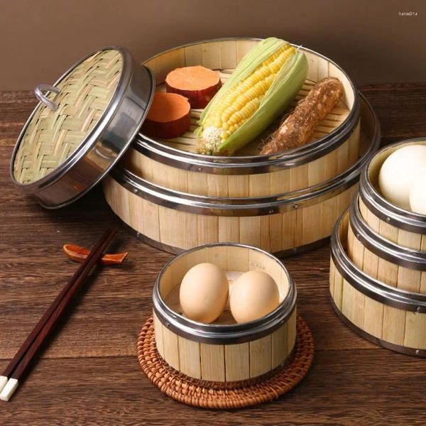 Doppelkessel zum Kochen von Dim Sum aus gewebtem Bambus, Küchengerät, Dampfkorb, chinesischer Dampfgarer, Essen