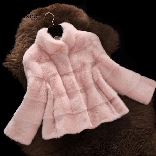 Pelz Frauen Winter Kurze Faux Pelzmantel Warme Jacke Lange Ärmel Einfarbig Oberbekleidung Blau Weiß Rosa Damen Pelzmantel nette