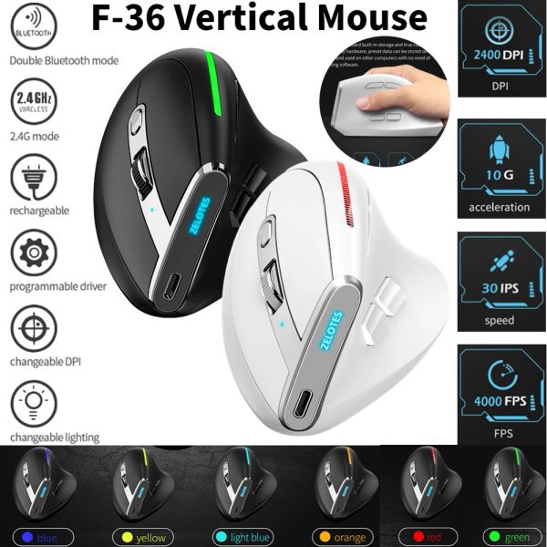 Mouse ZELOTES F36 F36A Mouse da gioco wireless ricaricabile a 8 pulsanti Mouse da gioco verticale ottico ergonomico 2400 DPI Mouse USB per PUBG