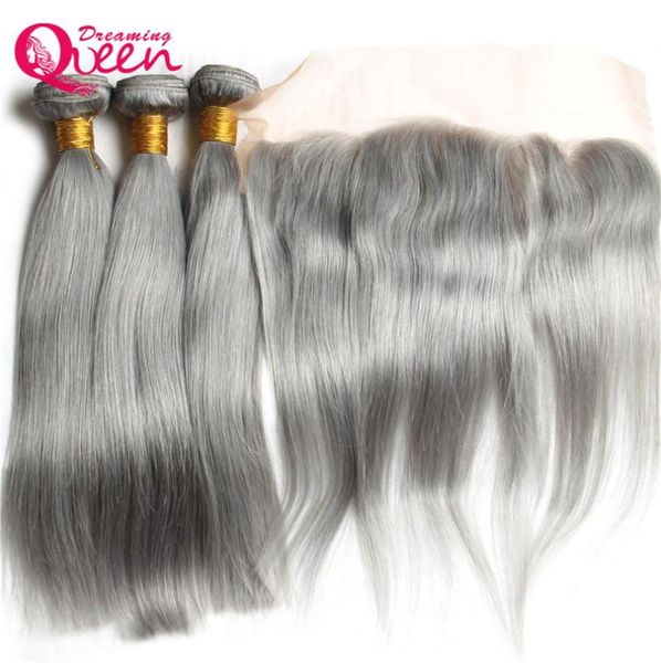 Cinza cabelo reto ombre brasileiro virgem cabelo humano tecer extensão 3 pacotes com 13x4 laço frontal fechamento cinza descorado nó f1159097