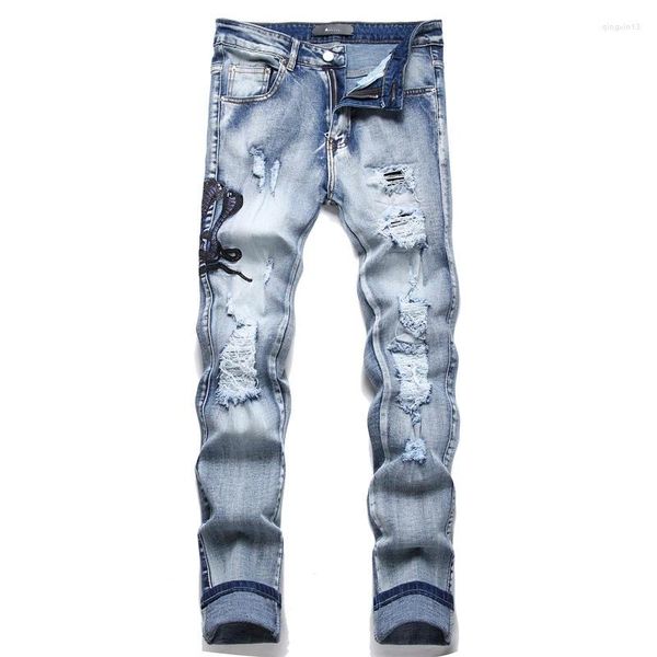 Мужские джинсы для мужчин, рваные уличные брюки со змеиной вышивкой, тонкие эластичные джинсовые брюки в стиле панк, брюки High Street в стиле хип-хоп, брюки Y2k