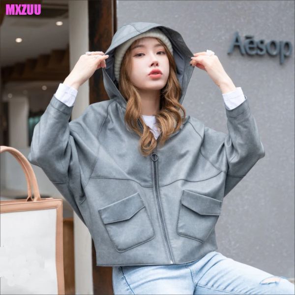 Jackets Casal de pele de carneiro com capa Cape Spring Women Casual Logo Batwing Zipper marrom marrom/cinza jaqueta de couro genuíno fêmea externa feminina