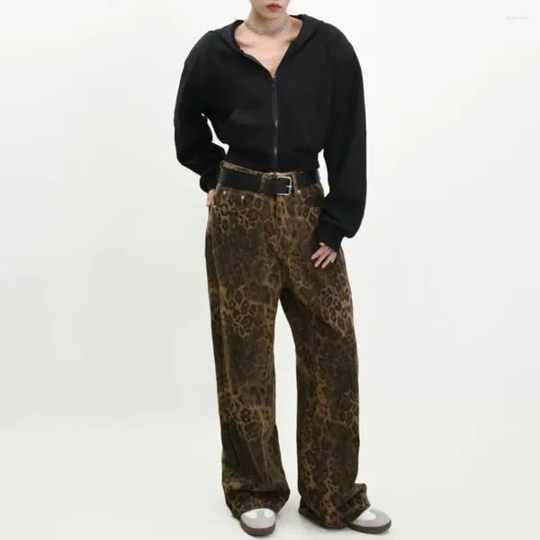 Pantaloni da donna Jeans da donna Stampa leopardata Hop unisex con gamba larga Morbido stile streetwear per giovani adulti Sciolti dritti alla moda