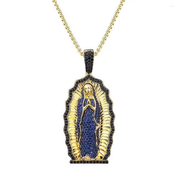 Collane con ciondolo Collana della Vergine Maria ghiacciata Uomo Donna Zircone blu Gioielli di moda Catene di creatività per regali Regalo religioso