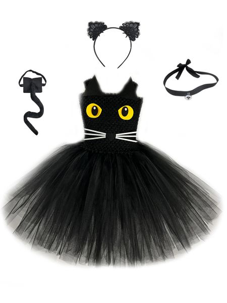 Costumi Costume da gatto nero per ragazze Festa di compleanno per bambini Fancy Tutu Dress Fascia per capelli Cravatta Coda Bambini Costumi di Halloween per animali