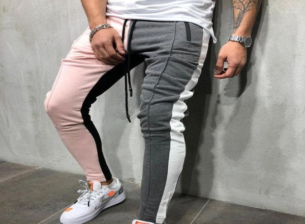 Calça de moletom masculina slim fit, calça listrada com cordão, bloco de cores, patchwork, jogging, esportes, hip hop, calças casuais 19868434