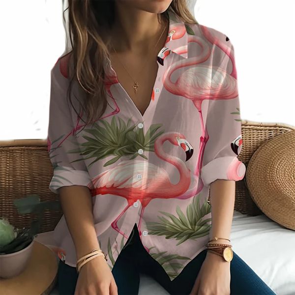 Camicia Camicie a maniche lunghe hawaiane da spiaggia Party Flamingo Camicia stampata in 3D Camicie sofisticate alla moda da donna Camicie comode e larghe