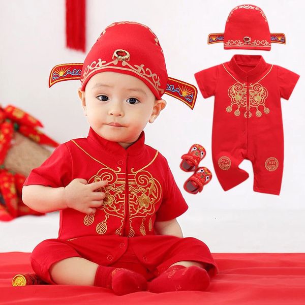 Bebê nascido chinês tradicional tang terno macacão para crianças sapatos chapéu macacão hanfu ano primavera festival bodysuit unisex 240320