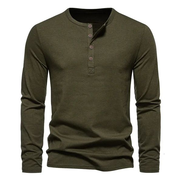 2023 herbst Mens Fashion Männer Henry Neck Langarm T-shirt Casual Vintage Männliche Taste Schlank Gewaschen Tees 240223