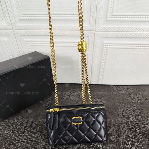 Designer de moda de luxo ajustável corrente diamante checker zíper abertura e fechamento de couro sacos de maquiagem caixa sacos de ombro único crossbody sacos