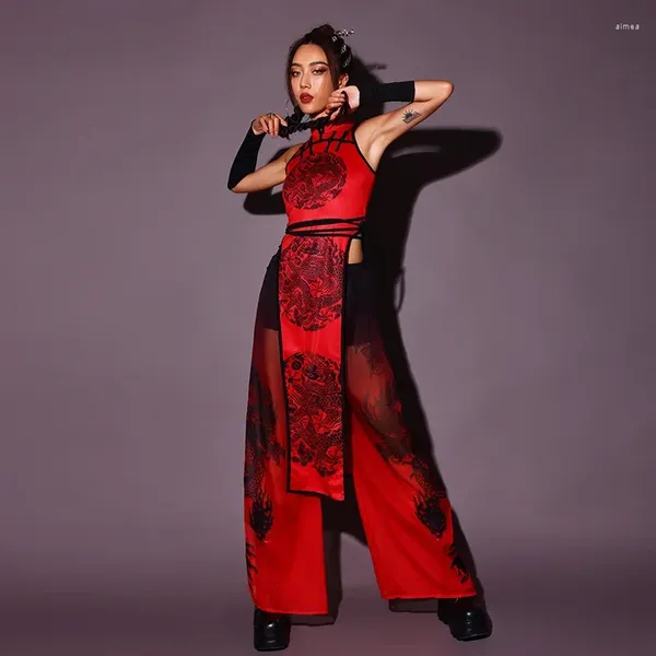 Palco desgaste sexy gogo dança traje feminino estilo chinês jazz desempenho outfit vermelho kpop roupas boate bar dj cantor bl10188