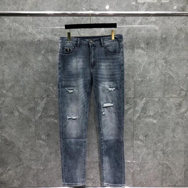 Jeans masculinos 2024 moda reta clássico crânios padrão azul calças jeans alta casual para