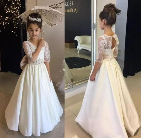 Vintage laço longo vestido da menina de flor frisado até o chão aline meia manga vestidos primeira comunhão para vestidos de casamento 6630411