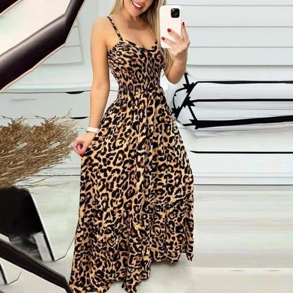 Повседневные платья Платье с открытой спиной и леопардовым принтом Макси на бретельках с глубоким вырезом и V-образным вырезом Женская пляжная одежда для отдыха