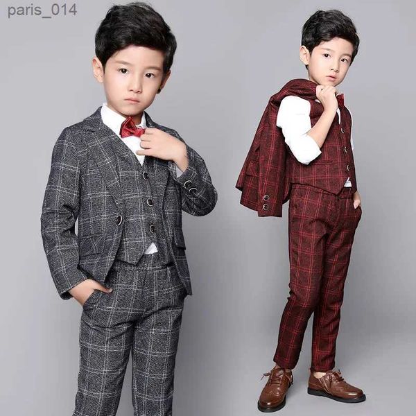 Ternos FLOR BOYS 3PCS Terno de casamento xadrez formal Inglaterra Blazer+Pant+Coloque Terno da Coloque para Caso de Festa de Aniversário de Crianças dos Meninos