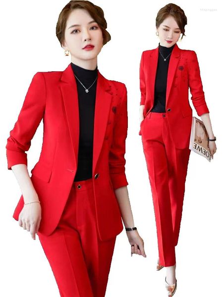 Pantaloni a due pezzi da donna Novità Abiti da lavoro professionali da donna rossi formali con 2 set e giacche Cappotto da donna Abbigliamento da lavoro da ufficio Blazer