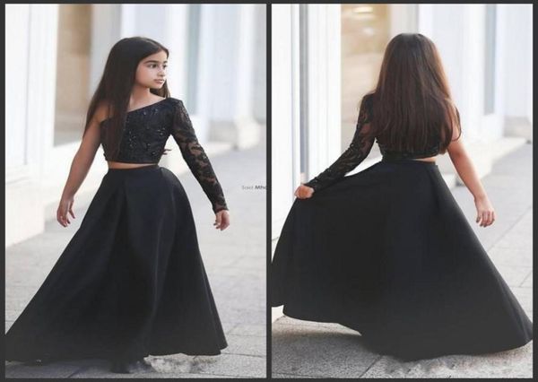 Elegante schwarze zweiteilige Girl039s Festzugskleider 2018 Neue Single Langarm A-Linie Lange Kinder Hochzeitskleid Blumenmädchen Gow3498490