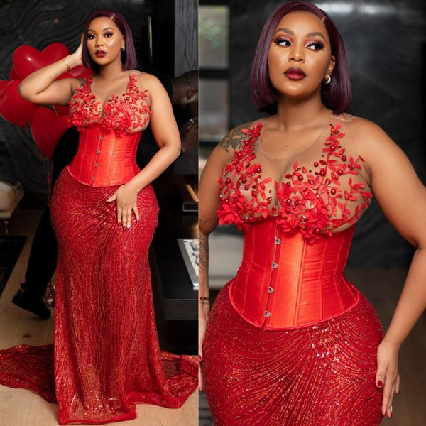 Nigeria africana Plus Size Aso Ebi Abiti da ballo Abiti da sera Illusion Sirena Abiti da cerimonia Collo trasparente Perline di pizzo rosso Perle Abito di fidanzamento di gala sexy AM465