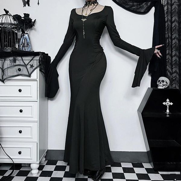 Casual Kleider Gothic Frauen Fischschwanz Kleid Kostüme Cosplay Damen Ausgestellte Ärmel Schwarz Lange Maskerade Rollenspiel Party Maxi