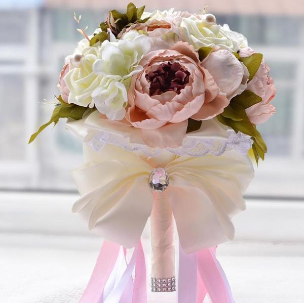 Brautsträuße für die Hochzeit mit weißen Rosen, Perlen, rosa Pfingstrosen, künstlichen Perlen, handgefertigten künstlichen Hochzeitssträußen BWB0147522386