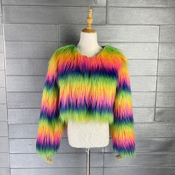 Giacche Fourcolor Rainbow Imitazione Pelliccia Capelli lunghi Imitazione Lana di capra Cappotto corto da donna Autunno Inverno Giacca moda donna