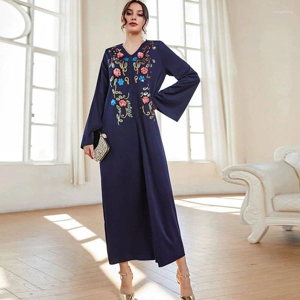 Abbigliamento etnico 2024 Autunno Abaya per le donne Musulmane Moda Ricamo Casual Maxi Abito Turchia Dubai Eid Ramadan Caftano Arabo Abito lungo