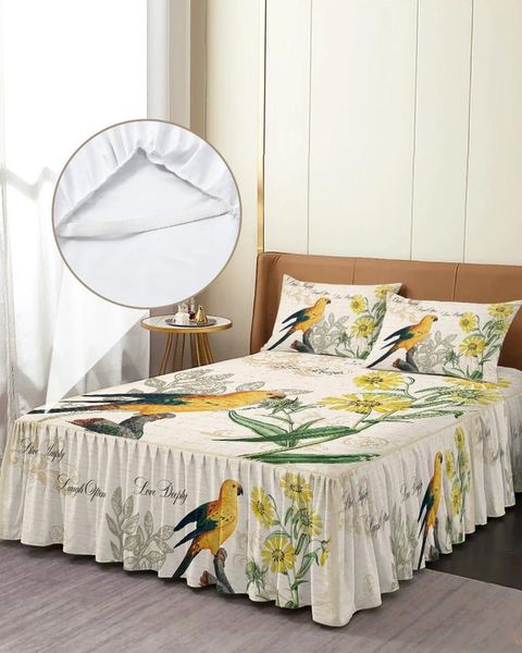 Saia de cama amarelo papagaio girassol retro elástico cabido colcha com fronhas capa colchão conjunto cama folha