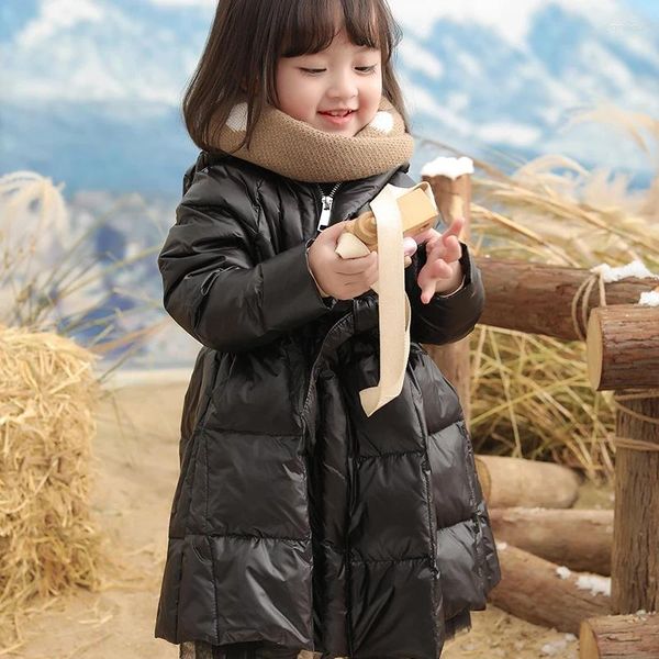 Jacken 2024 Winter Koreanische Kinder Mädchen Schneeanzug Dicken Kordelzug Zipper Lose Kleid Parka Warme Hoodie Kinder Lange Unten Jacke