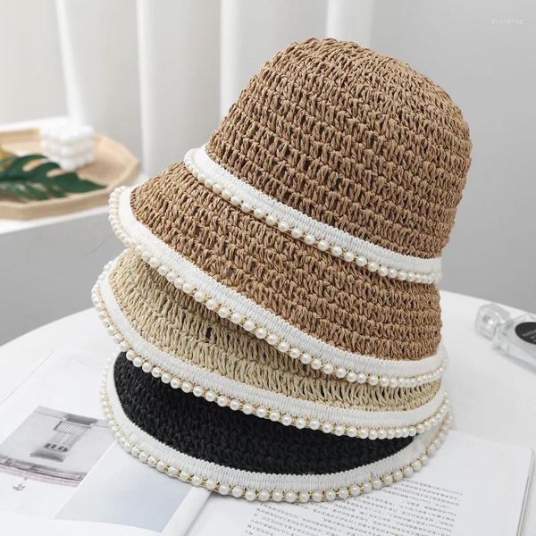 Berretti Cappello Da Donna Estivo Lavorato A Maglia Perlato In Paglia Sottile Ombreggiatura E Protezione Solare Da Spiaggia Mostra Il Viso Piccolo Pescatore