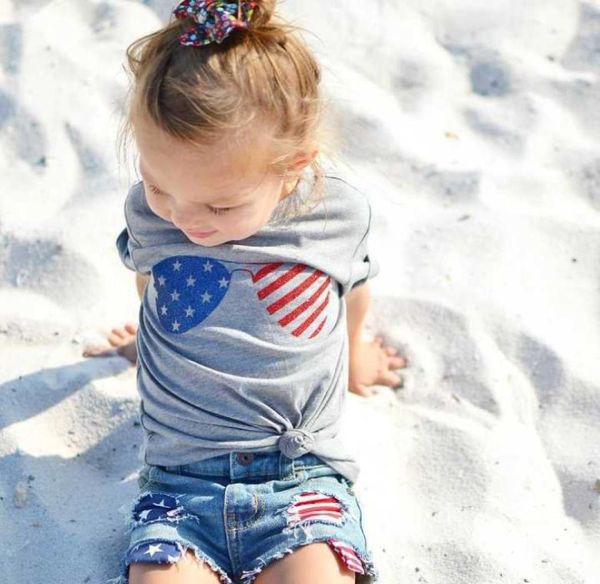 Mode Fourth of July Babykleidung Mädchen Kinderkleidung Brillen T-Shirts Jeansshorts Set 2-teiliges Outfit Kleinkind Kinderkleidung Set A9838475